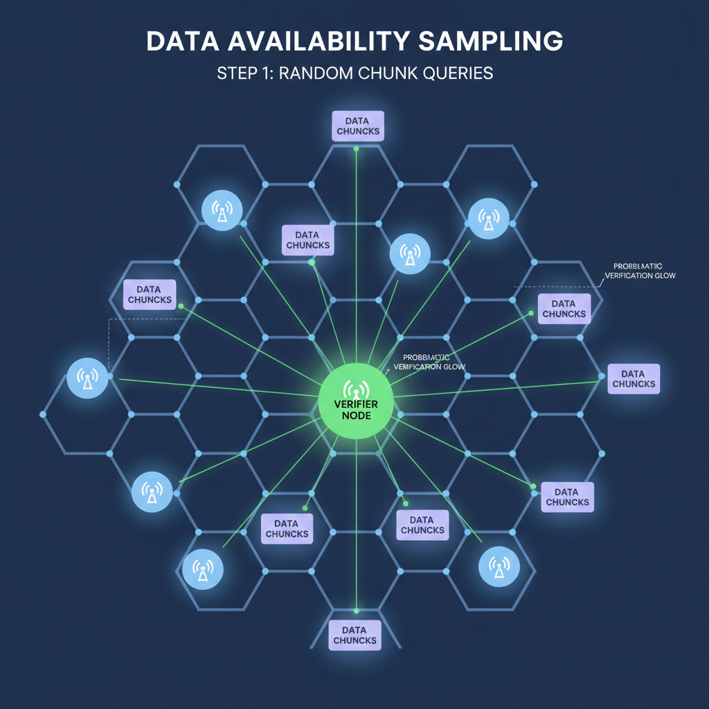 data availability sampling grid with nodes querying random chunks, probabilistic verification glow