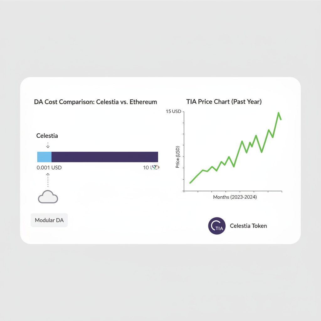 graph comparing Celestia DA costs vs Ethereum with TIA price chart