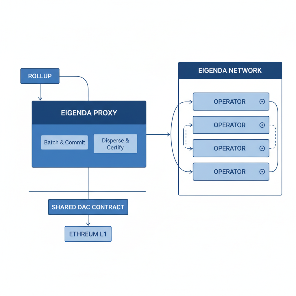 technical diagram of EigenDA proxy setup between rollup and network, clean lines, blue tones