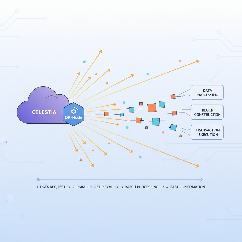 op-node reading data from Celestia, efficient data retrieval visualization, speed lines