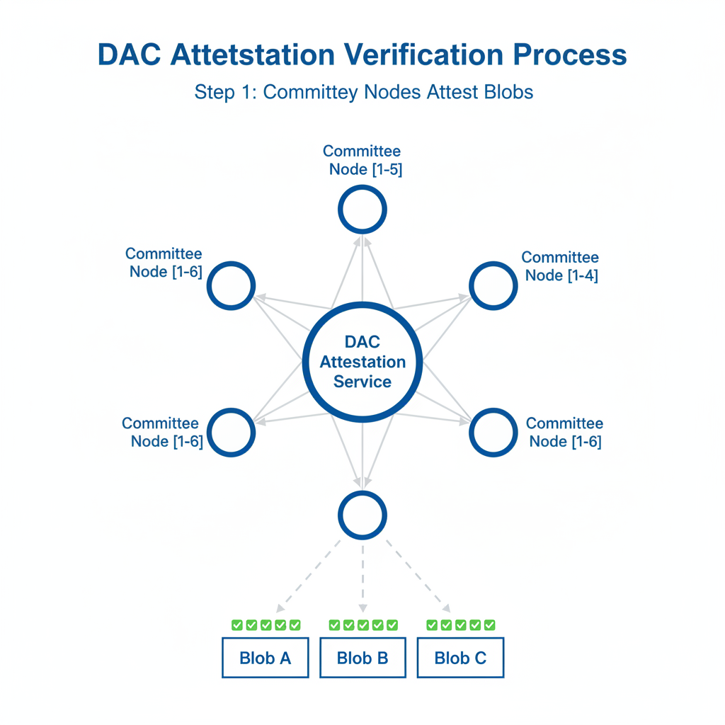 DAC attestation verification diagram, committee nodes attesting blobs, green checkmarks, network graph