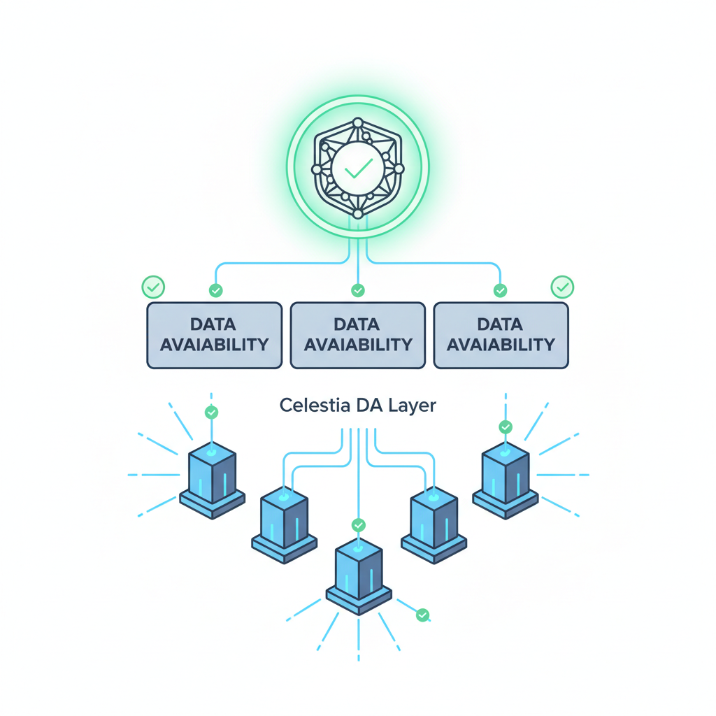 light client verification icon glowing green, Celestia DA layer diagram with checkmarks, futuristic blockchain nodes connecting