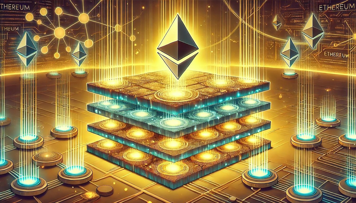 Futuristic illustration of interconnected modular blockchains with distinct data availability layers powering various decentralized applications and use cases